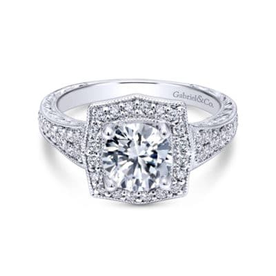 Theresa Vintage 14K White Gold Round Halo Diamond Engagement Ring
