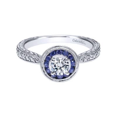 Jonas Vintage 14K White Gold Round Halo Sapphire and Diamond Engagement Ring