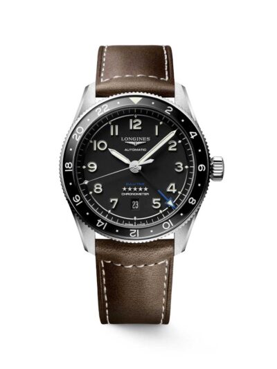Longines Spirit Zulu Time on black dial on leather strap